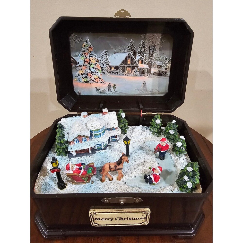 Animated Light up Christmas Scene in a Music Box with Figures & Snow Plays